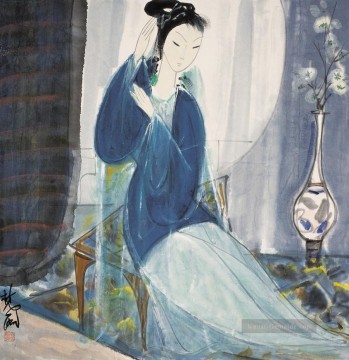 Dame in blauer alter China Tinte Ölgemälde